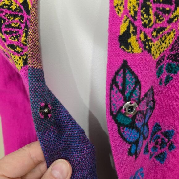 Ivko Cardigan Longer Sweater Size 36/S Superfine Merino Wool Floral Pink Fuchsia - Picture 9 of 16